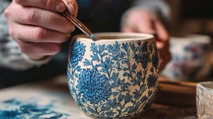 Artisan hand painting intricate floral designs on ceramic pottery, showcasing craftsmanship and detail, with a gradual zoom in to emphasize artistry and focus on the work