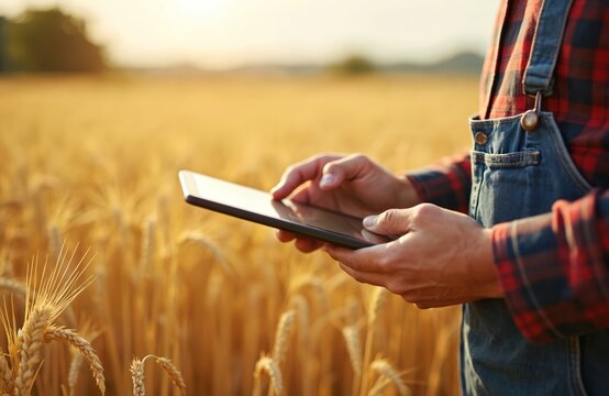 Farmer uses tablet in wheat field. Person checks data on farmland. Man works in agriculture with modern tech device. Agronomist manages harvesting online. Digital farming, smart agriculture concept