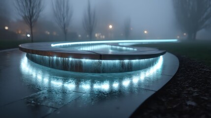 Frosted resin arc wall with LED strips embedded along edges photographed in rainy weather with subtle reflections on