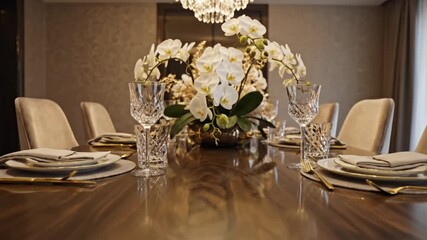 Elegant dining room showcases crystal chandelier, orchid centerpiece, and luxurious seating for upscale dinner parties and sophisticated gatherings