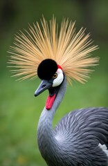 Naklejka premium Close up photo of grey crowned crane. This bird features a black head with golden crown and red wattle. Its plumage is intricate. The crane is set against blurred green background.