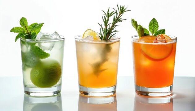 Three colorful refreshing cocktails with ice and garnishes sit ready for guests. Drinks include lime mint orange flavors. Perfect for parties bars cafes summer menus.