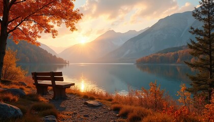 Wooden bench faces calm lake at sunrise autumn. Mountains, orange trees, and sun rays fill peaceful landscape. Serene nature view offers quiet rest.
