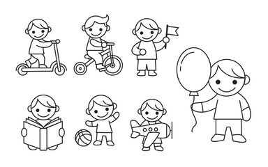 Black and White Line Art Illustration of Little Boys in Various Activities
