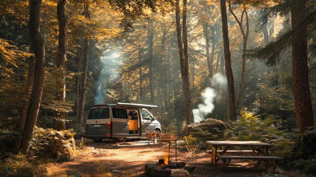 Scenic view of a camper van in a tranquil forest setting, showcasing a cozy campsite with smoke rising from a fire, camera pans to reveal the serene environment