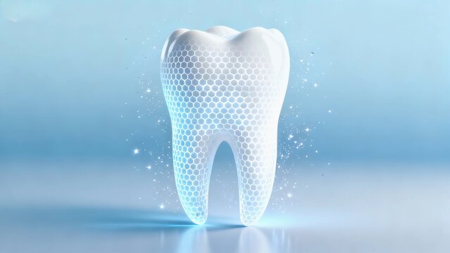 Futuristic oral care visual style, a white tooth, a white hexagonal grid covering the surface of the tooth neatly