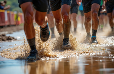 Athletes compete in obstacle course race. Runners move through water creating splashes. Participants display determination and effort during outdoor sports event. Legs and feet show active movement.