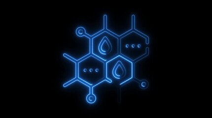 Blue Neon Hexagonal Molecular Structure with Drops and Bubbles on Black Background science chemistry - Powered by Adobe