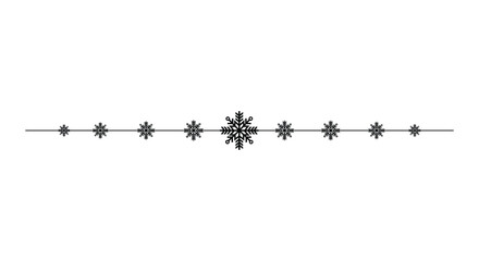 Minimal horizontal divider with delicate black snowflakes aligned along a thin line on a clean white background, ideal for Christmas invitations, greeting cards, web banners, page borders and winter