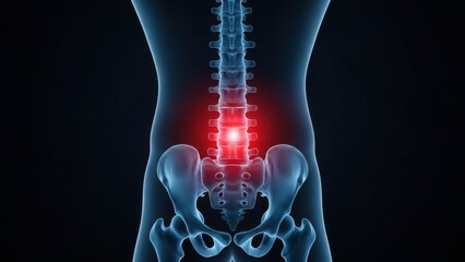Illustration of xray view of human lower back spine with glowing red pain point indicating lumbar or sacral region discomfort or injury concept