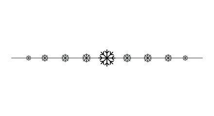 Minimal horizontal divider with delicate black snowflakes aligned along a thin line on a clean white background, ideal for Christmas invitations, greeting cards, web banners, page borders and winter