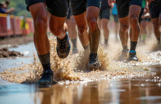 Athletes compete in obstacle course race. Runners move through water creating splashes. Participants display determination and effort during outdoor sports event. Legs and feet show active movement.