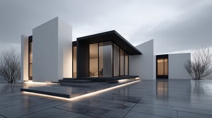 Geometric white villa with angled volumes and black-framed curtain walls overcast lighting creating soft shadow transitions natural reflections