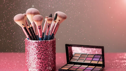 Sparkling pink makeup brush holder with an open eyeshadow palette on a glittery surface