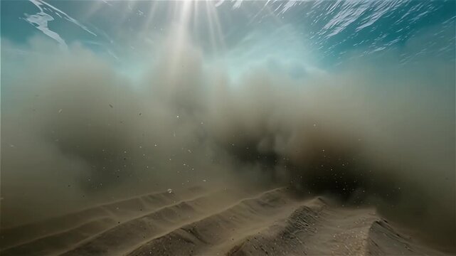 SLOW MOTION UNDERWATER: A powerful wave breaks over a sandy seabed, stirring up sediment in crystal-clear blue ocean water.