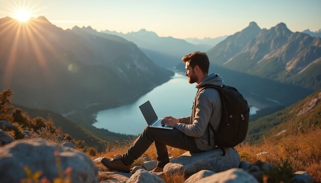 Man works on laptop at mountain peak with scenic landscape. Remote worker uses notebook for online business. Freelancer enjoys fresh air and nature. Digital nomad at work on beautiful sunny day. - Powered by Adobe