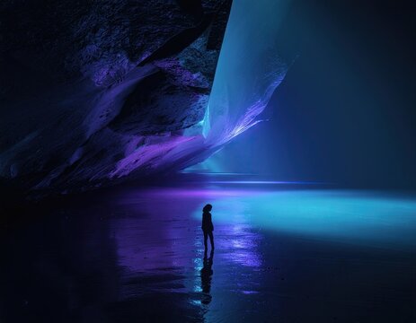 Lone astronaut stands on reflective alien planet surface under glowing cosmic nebula and dramatic atmospheric lighting in deep space exploration