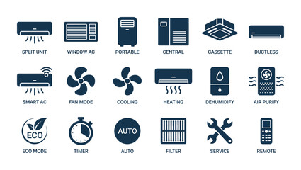 Air conditioning and cooling system line icons set split unit window ac portable central cassette ductless smart ac fan mode heating dehumidify air purify eco mode timer auto filter service remote