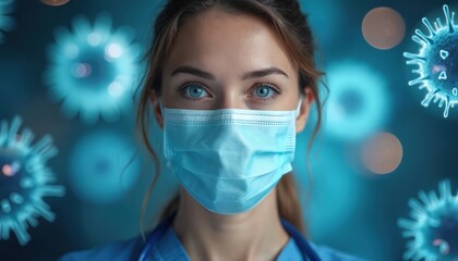 Female medic wears face mask showing blue eyes and viral particles around. Health worker in sterile environment looks serious, ready for medical duty, protecting against illness.