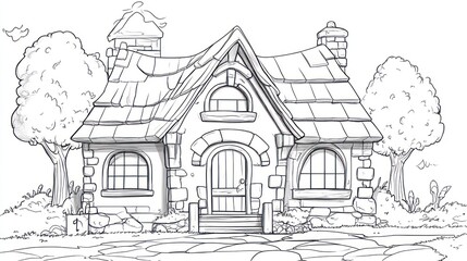 Obraz premium Sketch of a whimsical stone cottage, outdoor scene, illustration for children's book, possible use in design, animation, or education