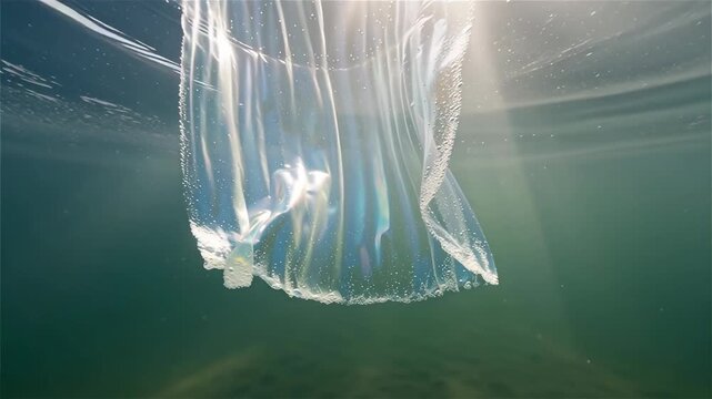 SLOW MOTION UNDERWATER: A shimmering wave barrel with sunlight piercing through, creating iridescent patterns and bubbles.