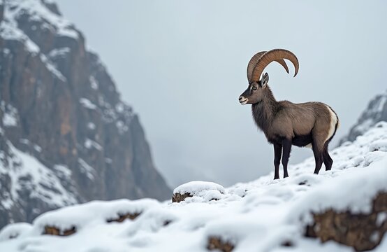 Male ibex stands on snowy mountain slope. Wild goat with big curved horns looks to side. Winter natural habitat in the Alps. Majestic mountain animal in cold weather.