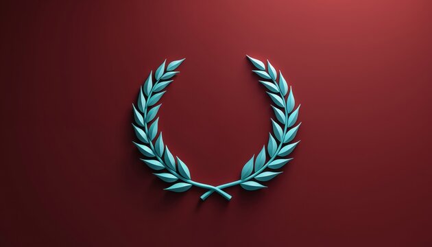 Turquoise wheat wreath icon symbol on dark red background. Abstract 3d design element for award achievement or victory. Simple graphic for recognition or success.