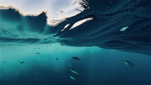SLOW MOTION UNDERWATER: A split shot of a breaking ocean wave, with serene blue water below and the wave cresting above.