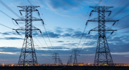 An image of high-voltage electrical transmission towers against a dramatic sunset sky. The towers stretch across the horizon, conveying electricity to nearby urban areas visible in the distance.