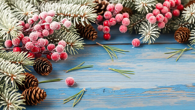 Frosted pink berries and pinecones adorn snowy evergreen branches on rustic blue wood surface
