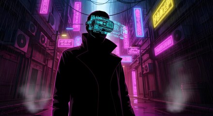 Immerse yourself in a cyberpunk cityscape with a futuristic figure wearing AR glasses under neon lights, perfect for tech, gaming, and sci-fi concepts