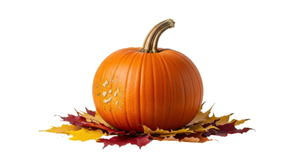 Vibrant orange pumpkin with autumn leaves transparent background