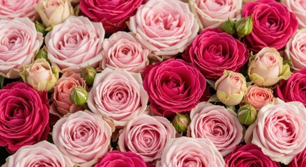 A vibrant arrangement of fresh pink roses in various shades, creating a lush, visually appealing display.