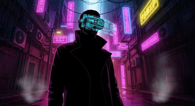 Immerse yourself in a cyberpunk cityscape with a futuristic figure wearing AR glasses under neon lights, perfect for tech, gaming, and sci-fi concepts