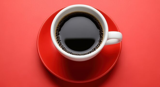 A close-up of a white coffee cup filled with rich espresso, resting on a vibrant red saucer. The contrast creates a striking visual effect. - Powered by Adobe