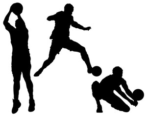 Silhouettes of athletes performing dynamic sports actions with a ball, including basketball, soccer, and volley ball