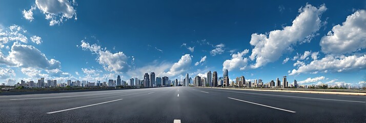 Empty highway leading to a modern city skyline under blue sky