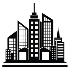 A modern city skyline silhouette shows many high buildings with different architecture