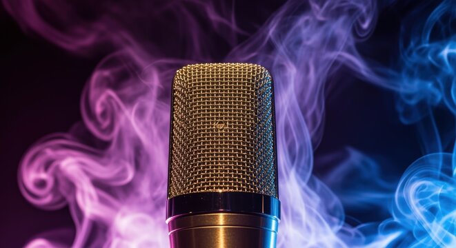 A close-up of a golden studio microphone surrounded by swirling colored smoke, creating an atmospheric and dramatic visual for music recording or podcasting. - Powered by Adobe