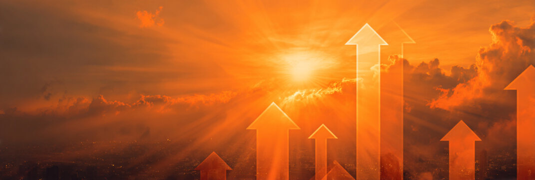 Orange sky with upward arrows suggesting growth and positive direction - Powered by Adobe