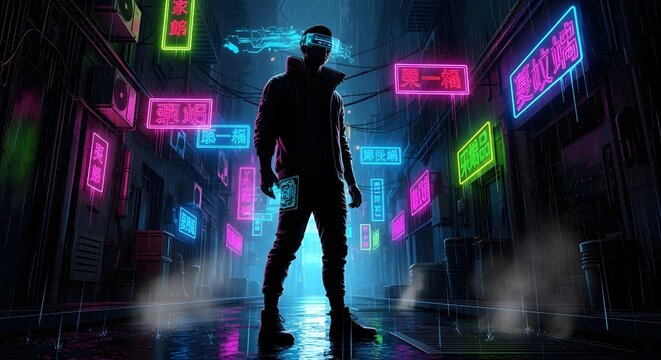 Modern man with AR glasses in futuristic cyberpunk city with vibrant neon signs glowing in the rain creating an immersive and technological atmosphere