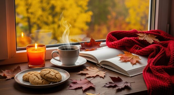 Cozy autumn scene with window overlooking fall landscape, hot drink, cookies, candle, and red scarf on sill. Peaceful, comforting atmosphere.