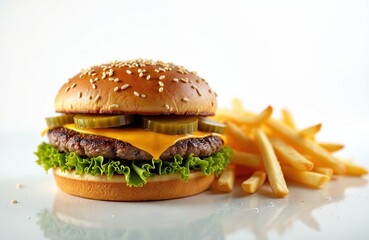 Classic burger served with golden fries on bright backdrop. Cheeseburger meat patty, cheese, lettuce, pickles. Perfect meal for fast food restaurants. Delicious, appetizing burger with potato fries