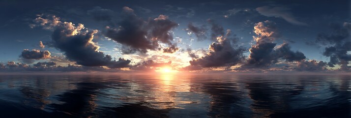 Dramatic sunset over ocean with dark clouds reflecting on water