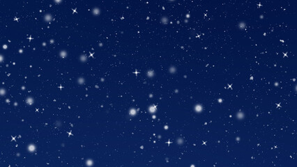 Christmas night sky featuring falling snow and sparkling star glints over a rich midnight blue background. Creates a dramatic backdrop for new year event flyers and winter promotions