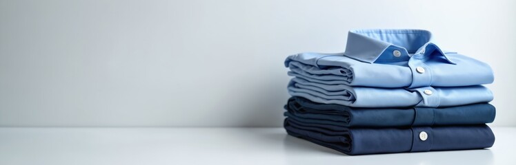 Neatly folded stack of blue dress shirts on white surface. Minimalist clean laundry pile, formal attire ready for closet. Professional business clothing sorted and organized.