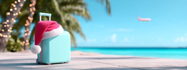 A blue suitcase with a red hat on top of it is on a beach