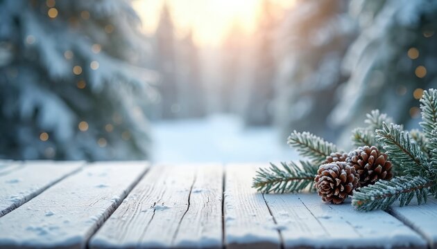 White wooden table dusted with snow sits in front of a blurred winter forest scene with festive lights. Pine cones and evergreen branches rest on the surface.