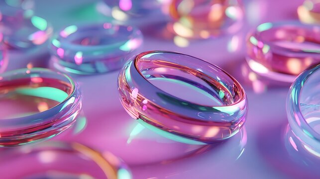 Close up of iridescent glass rings with vibrant pink and blue light