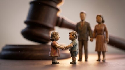 Child Custody and Family Law Court Concept. Miniature figures of children shaking hands in front of blurred parents and large wooden judge's gavel, legal agreement concept